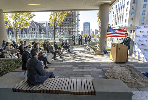 VCU President Michael Rao addresses guests and media at a news conference outside Children's Hospital of Richmond at VCU