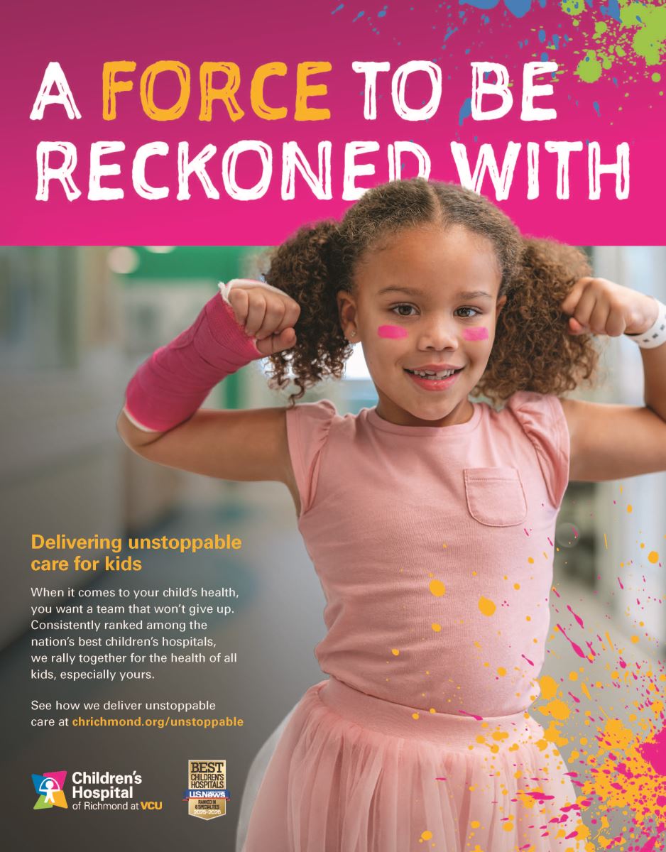 CHoR print ad showing a patient with pink arm cast and eye paint