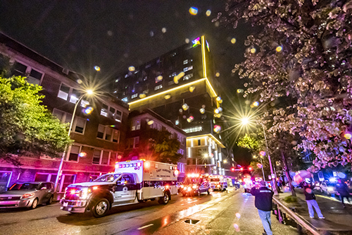 A view of the Children's Tower from outside during goodnight lights 2023