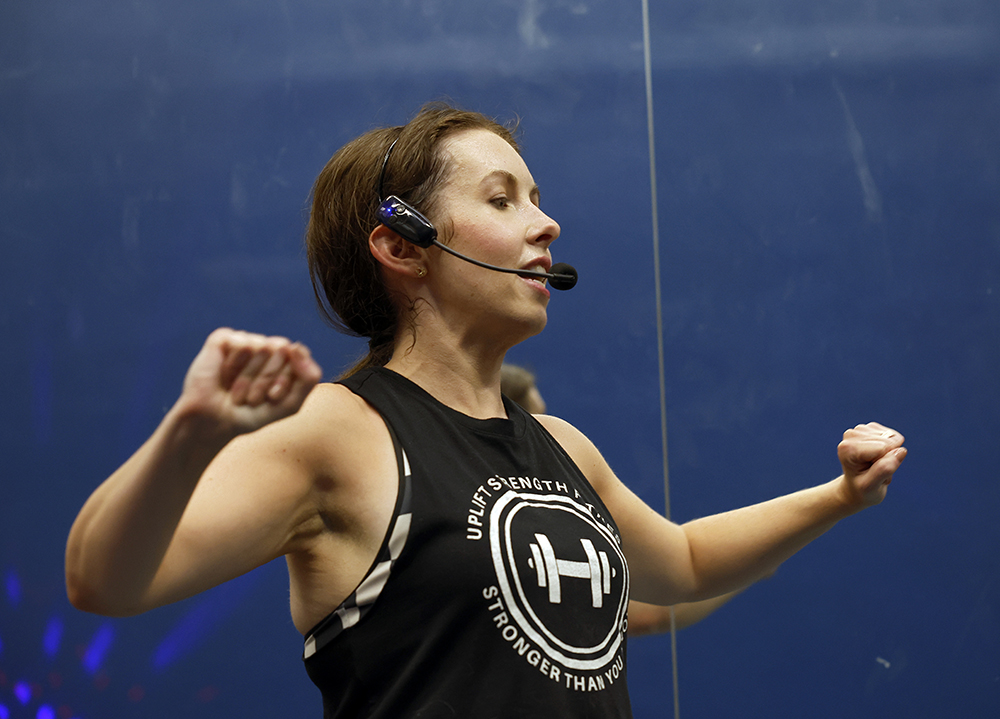Dr. Tiffany Kimbrough wearing her fitness instructor microphone