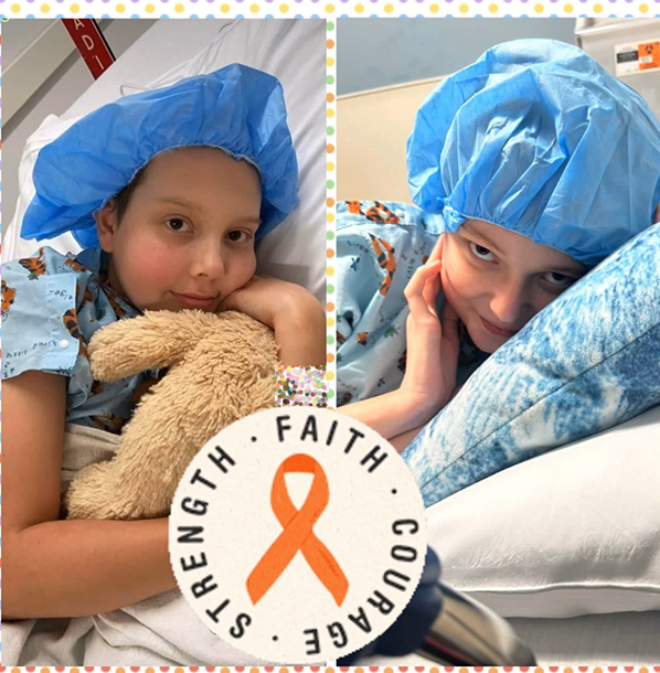 Image collage of CHoR calendar kids Makayla and Peyton in the hospital wearing blue caps