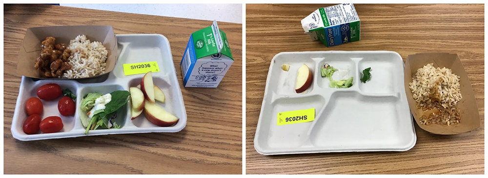 Before and after images of a student's plate from salad bar study