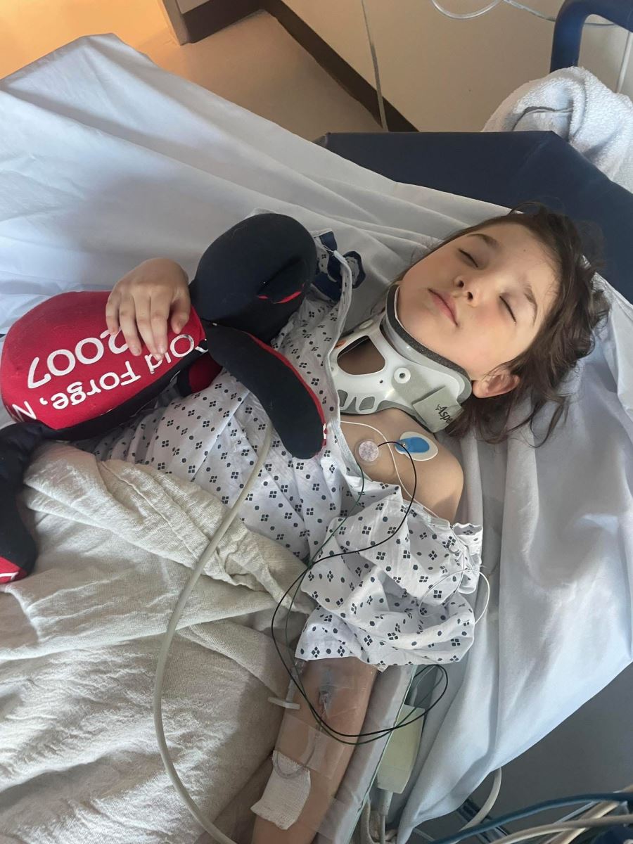 Nina Roberts wearing a neck brace at Children's Hospital of Richmond at VCU